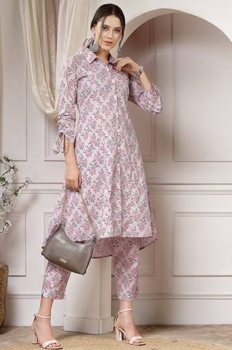 cotton pink floral print a-line co-ord set