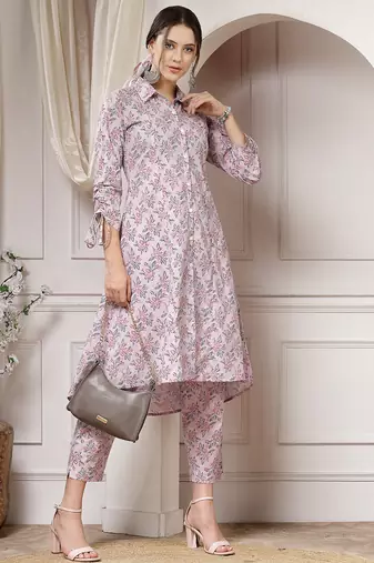 cotton pink floral print a-line co-ord set