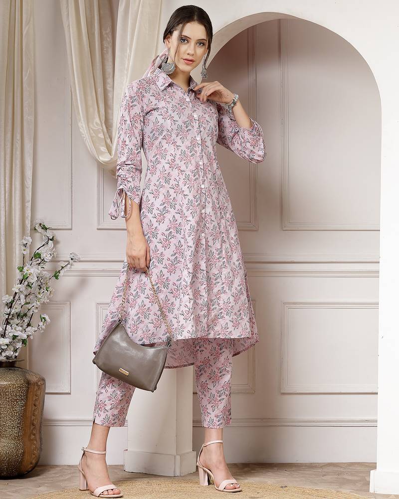 cotton pink floral print a-line co-ord set