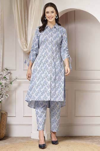 cotton blue floral print a-line co-ord set