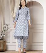 cotton blue floral print a-line co-ord set
