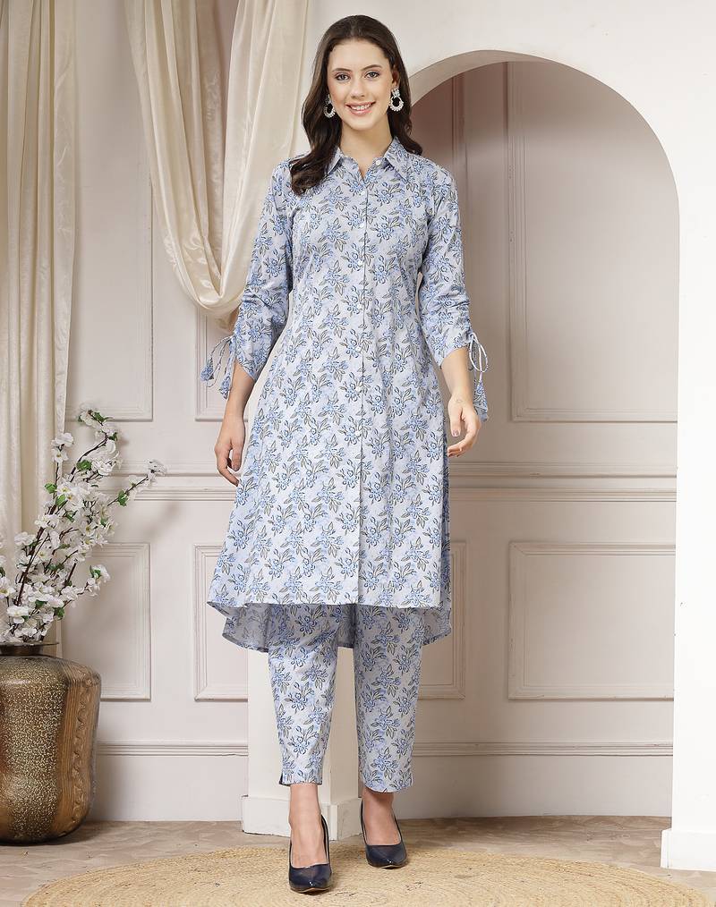 cotton blue floral print a-line co-ord set