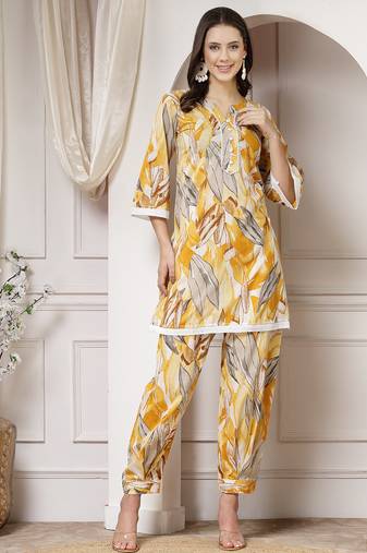 cotton yellow abstract print co-ord set