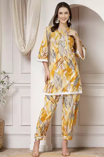 cotton yellow abstract print co-ord set