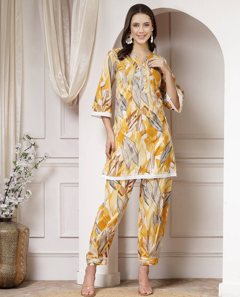 cotton yellow abstract print co-ord set