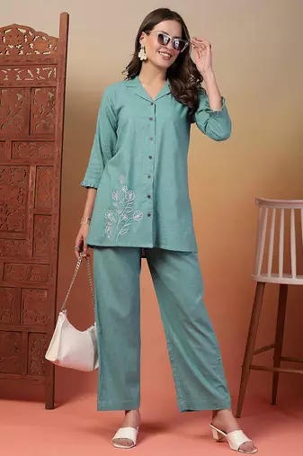cotton slub solid sea green embrodiary co-ord set