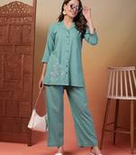 cotton slub solid sea green embrodiary co-ord set