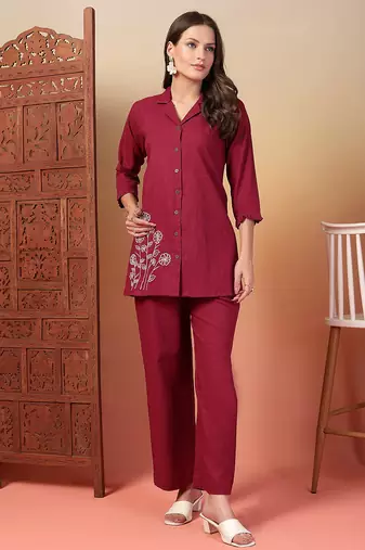 cotton slub solid wine embrodiary co-ord set