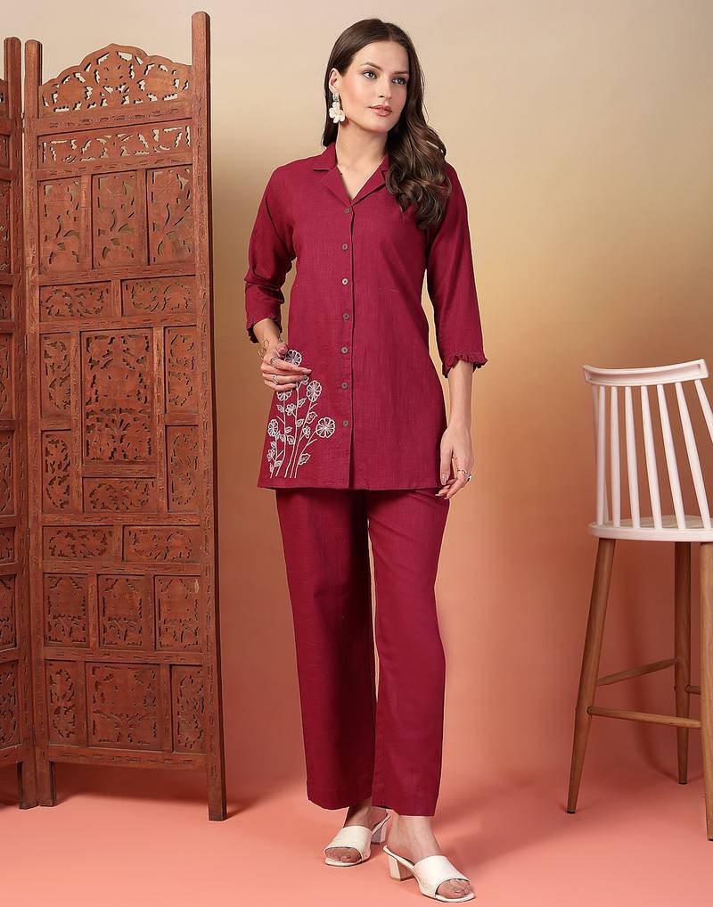 cotton slub solid wine embrodiary co-ord set