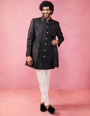 mens wedding indo western embroidered coat pyjama set  jute fabric  ceremonial ethnic wear 1