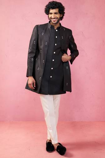 mens wedding indo western embroidered coat pyjama set  jute fabric  ceremonial ethnic wear