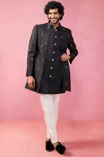 mens wedding indo western embroidered coat pyjama set  jute fabric  ceremonial ethnic wear