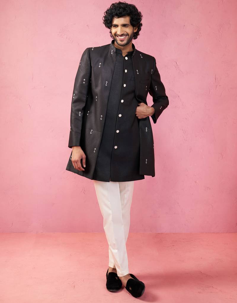 mens wedding indo western embroidered coat pyjama set  jute fabric  ceremonial ethnic wear