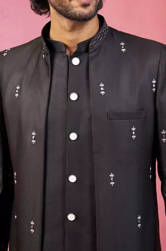 mens wedding indo western embroidered coat pyjama set  jute fabric  ceremonial ethnic wear