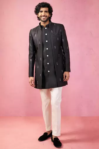 mens wedding indo western embroidered coat pyjama set  jute fabric  ceremonial ethnic wear