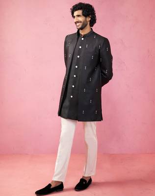mens wedding indo western embroidered coat pyjama set  jute fabric  ceremonial ethnic wear 4