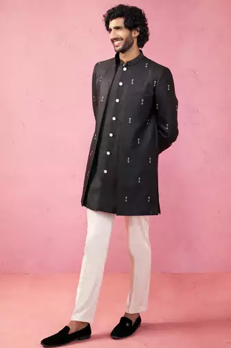 mens wedding indo western embroidered coat pyjama set  jute fabric  ceremonial ethnic wear