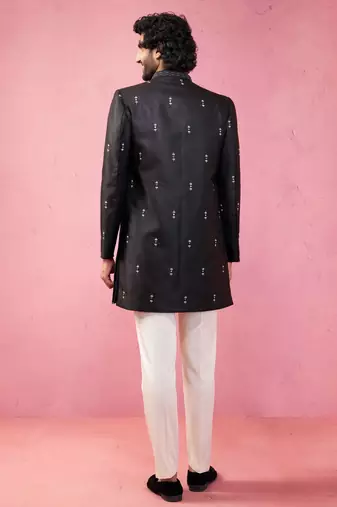 mens wedding indo western embroidered coat pyjama set  jute fabric  ceremonial ethnic wear