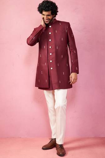 mens wedding indo western embroidered coat pyjama set  jute fabric  ceremonial ethnic wear
