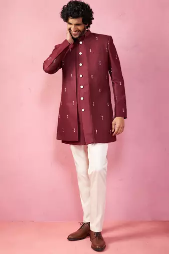 mens wedding indo western embroidered coat pyjama set  jute fabric  ceremonial ethnic wear