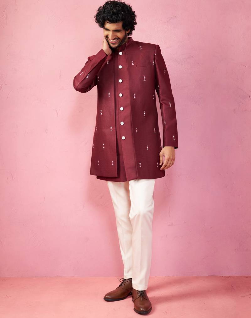 mens wedding indo western embroidered coat pyjama set  jute fabric  ceremonial ethnic wear