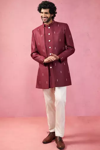 mens wedding indo western embroidered coat pyjama set  jute fabric  ceremonial ethnic wear