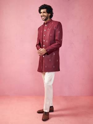 mens wedding indo western embroidered coat pyjama set  jute fabric  ceremonial ethnic wear 4