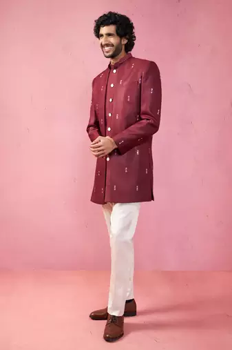 mens wedding indo western embroidered coat pyjama set  jute fabric  ceremonial ethnic wear