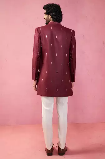 mens wedding indo western embroidered coat pyjama set  jute fabric  ceremonial ethnic wear