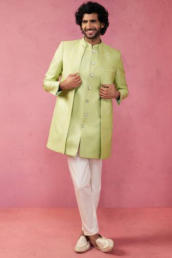 mens wedding indo western embroidered coat pyjama set  jute fabric  ceremonial ethnic wear
