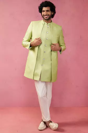 mens wedding indo western embroidered coat pyjama set  jute fabric  ceremonial ethnic wear