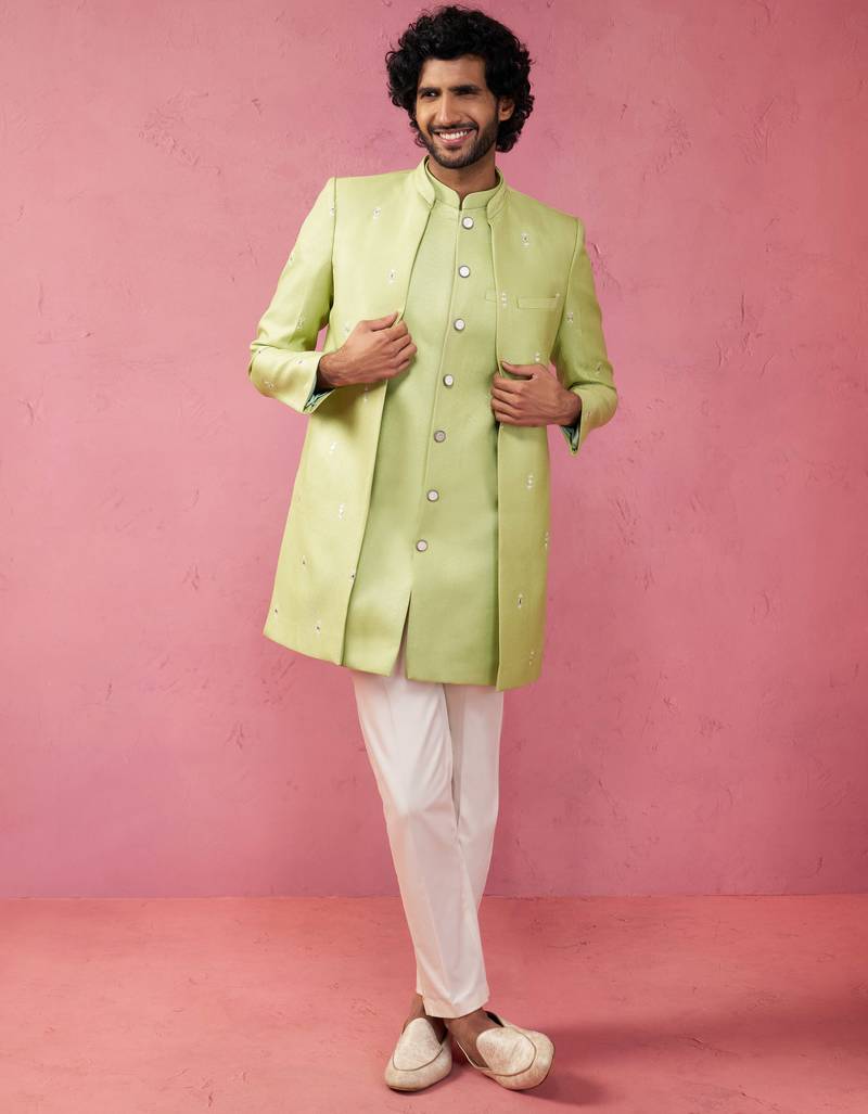 mens wedding indo western embroidered coat pyjama set  jute fabric  ceremonial ethnic wear