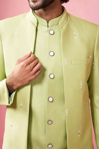 mens wedding indo western embroidered coat pyjama set  jute fabric  ceremonial ethnic wear