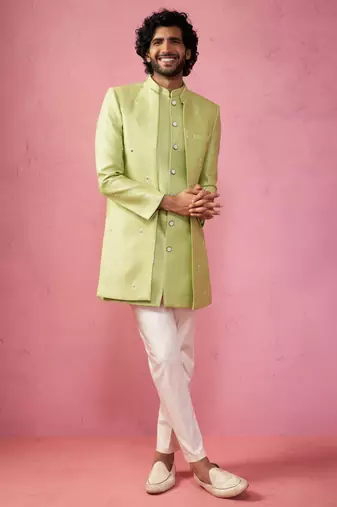 mens wedding indo western embroidered coat pyjama set  jute fabric  ceremonial ethnic wear