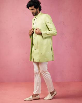 mens wedding indo western embroidered coat pyjama set  jute fabric  ceremonial ethnic wear 4