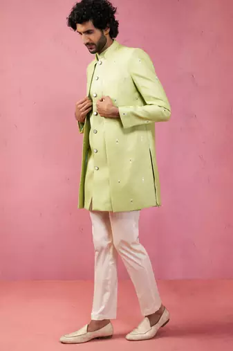 mens wedding indo western embroidered coat pyjama set  jute fabric  ceremonial ethnic wear