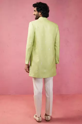 mens wedding indo western embroidered coat pyjama set  jute fabric  ceremonial ethnic wear