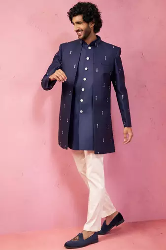 mens wedding indo western embroidered coat pyjama set  jute fabric  ceremonial ethnic wear