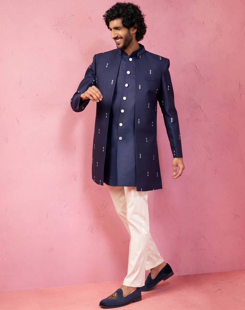 mens wedding indo western embroidered coat pyjama set  jute fabric  ceremonial ethnic wear