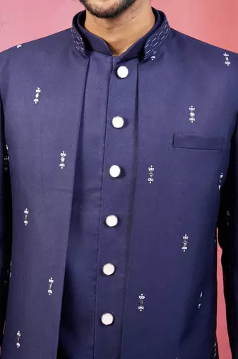 mens wedding indo western embroidered coat pyjama set  jute fabric  ceremonial ethnic wear