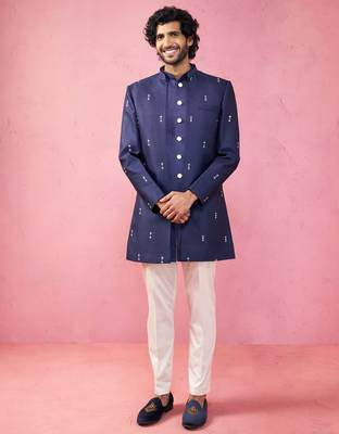 mens wedding indo western embroidered coat pyjama set  jute fabric  ceremonial ethnic wear 3