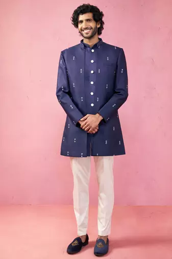 mens wedding indo western embroidered coat pyjama set  jute fabric  ceremonial ethnic wear