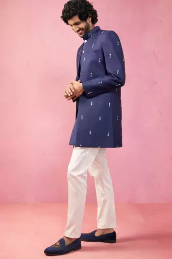 mens wedding indo western embroidered coat pyjama set  jute fabric  ceremonial ethnic wear