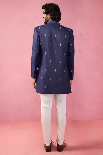 mens wedding indo western embroidered coat pyjama set  jute fabric  ceremonial ethnic wear