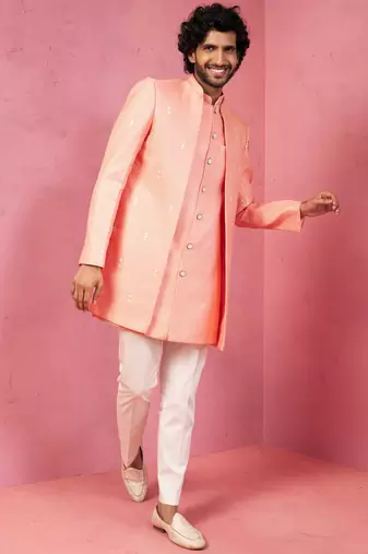 mens wedding indo western embroidered coat pyjama set  jute fabric  ceremonial ethnic wear