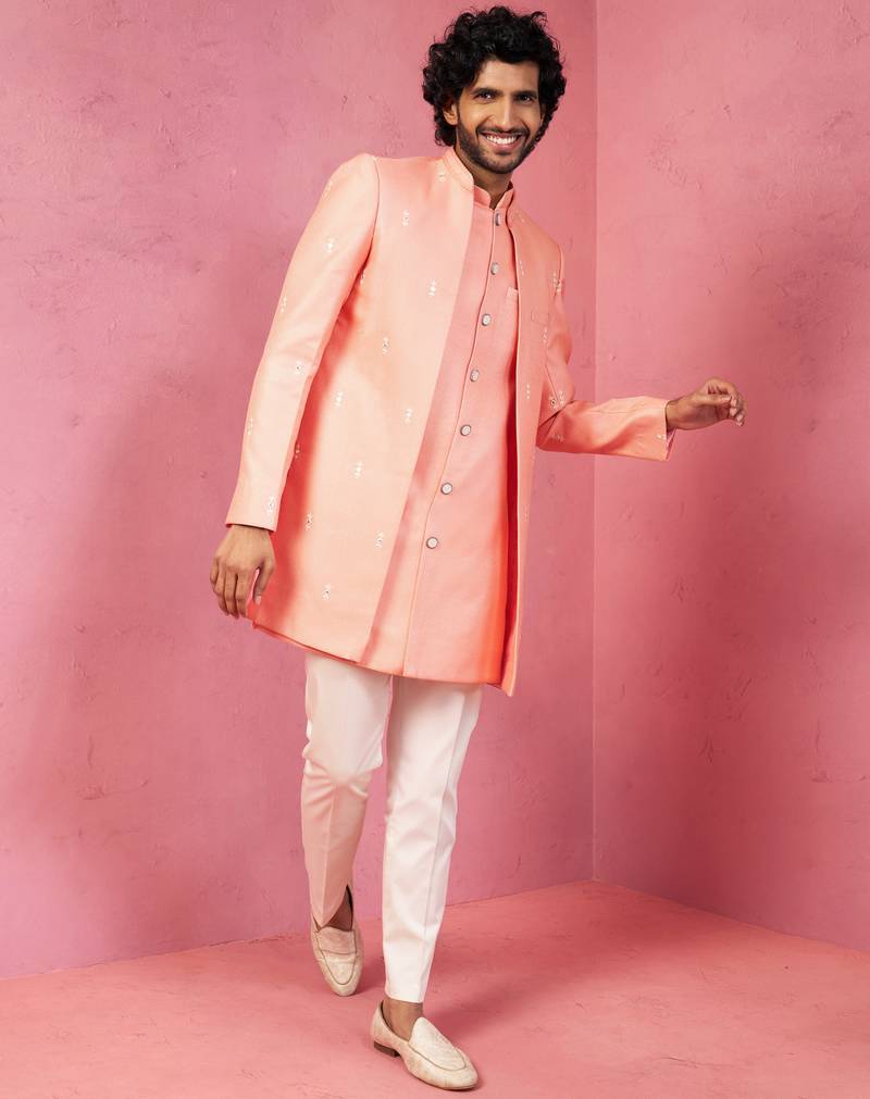 mens wedding indo western embroidered coat pyjama set  jute fabric  ceremonial ethnic wear