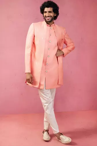 mens wedding indo western embroidered coat pyjama set  jute fabric  ceremonial ethnic wear