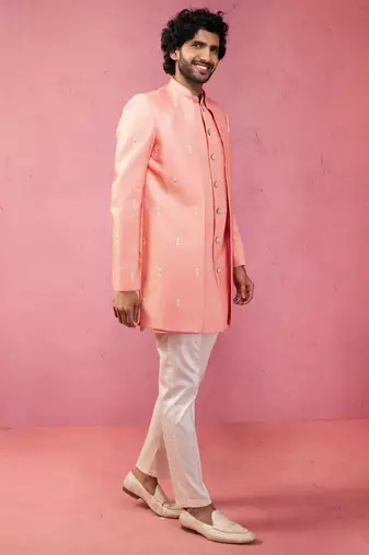mens wedding indo western embroidered coat pyjama set  jute fabric  ceremonial ethnic wear