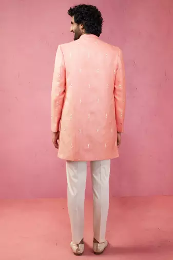 mens wedding indo western embroidered coat pyjama set  jute fabric  ceremonial ethnic wear