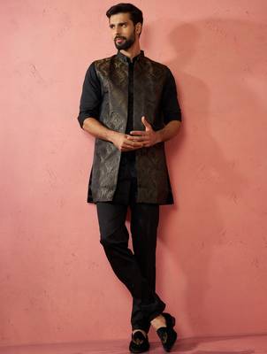 mens wedding kurta jacket pant set  thigh-length kurta with long jacket  ethnic festive wear 1